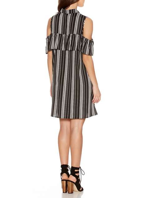 **Quiz Black Striped Ruffle Shirt Dress